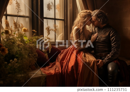 AI-generated content. Renaissance Couple in Romantic Castle Embrace 111235731