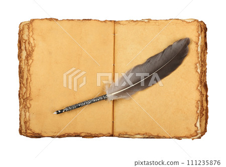Old antique book with weathered pages and quill 111235876