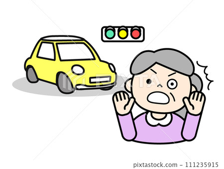 Simple character illustration: A senior who is surprised by a car Simple character illustration: A senior who is surprised by a car 111235915