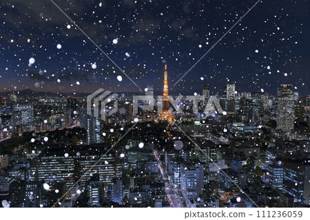 東京夜景和降雪。東京的冬季形象。 111236059