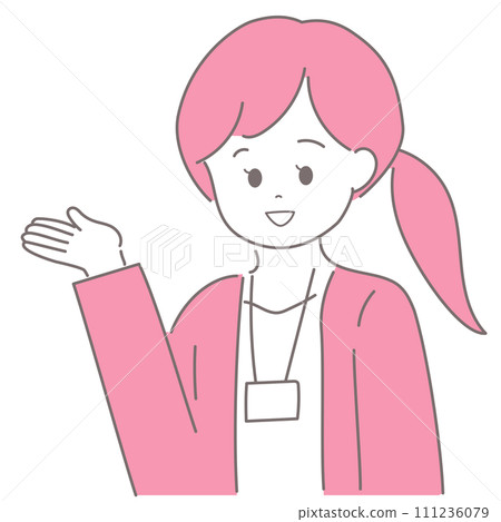 Illustration of a woman in a jacket giving guidance with her palms facing upwards 111236079