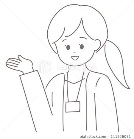Illustration of a woman in a jacket giving guidance with her palms facing upwards Illustration of a woman in a jacket giving guidance with her palms facing upwards 111236081