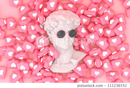 Plaster statue of David's head with love icon. Valentine day concept. 3d rendering Plaster statue of David's head with love icon. Valentine day concept. 3d rendering 111236552
