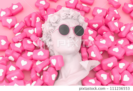 Plaster statue of David's head with love icon. Valentine day concept. 3d rendering Plaster statue of David's head with love icon. Valentine day concept. 3d rendering 111236553