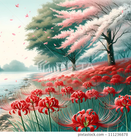 Red spider lilies blooming on the riverbank swaying in the breeze 111236878