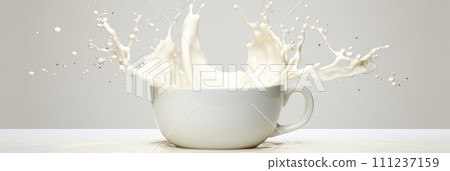 Splash of milk in a cup on a white background, banner Splash of milk in a cup on a white background, banner 111237159