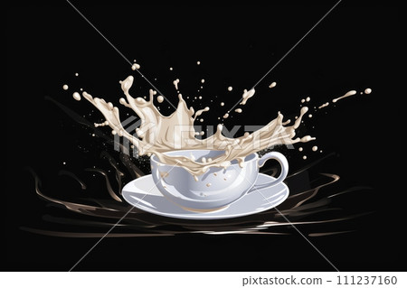 Splash of milk in a cup on black background, illustration 111237160