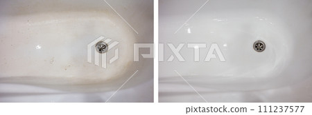 Collage. Clean and dirty bathroom. White ceramic bath Collage. Clean and dirty bathroom. White ceramic bath 111237577