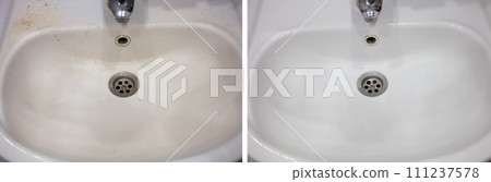 Collage. A clean and dirty washstand. Ceramic washing machine 111237578