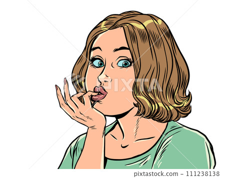 The personal care salon offers an interesting offer. The girl with an astonished look holds her fingers next to her lips. Surprise by unexpected information. 111238138