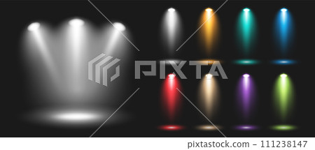 A set of white and colored luminous transparent lighting effects on a black background. A set of white and colored luminous transparent lighting effects on a black background. 111238147