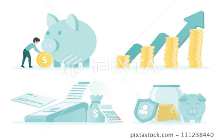 Financial set collection concept. Saving money, growth investment, easy payment, money transfer, financial management, secure storage. Flat vector design illustration. 111238440
