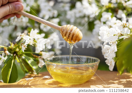 Natural Honey Dripping from Dipper into Bowl Outdoors 111238642