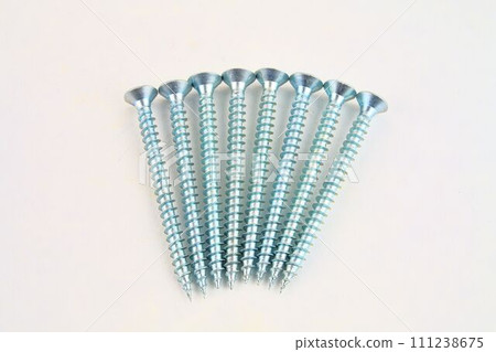 Set of screws for construction on a white background, metal screw, iron screw, chrome screw, screws as a background, wood screw. Close-up Set of screws for construction on a white background, metal screw, iron screw, chrome screw, screws as a background, wood screw. Close-up 111238675