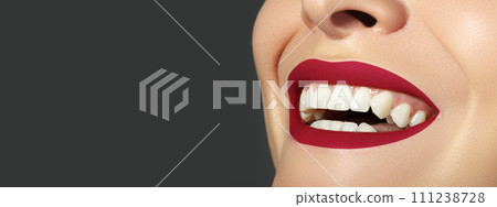 Dental Beauty. Beautiful Macro with perfect White Teeth. Fashion Lips Red Make-up. Whitening Tooth, Wellness Treatment Dental Beauty. Beautiful Macro with perfect White Teeth. Fashion Lips Red Make-up. Whitening Tooth, Wellness Treatment 111238728