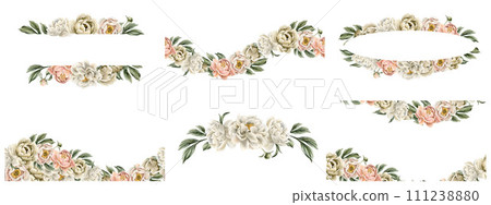 Set of horizontal frames and compositions with white beige peach fuzz peony flowers, buds and green leaves. Floral watercolor illustration hand painted isolated on white background. Perfect for weddin 111238880
