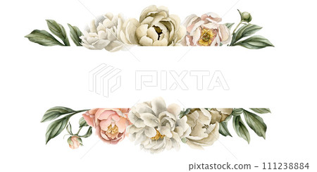 Horizontal frame of white beige peach fuzz peony flowers, buds and green leaves. Floral watercolor illustration hand painted isolated on white background. Perfect for wedding invitations, greeting car 111238884