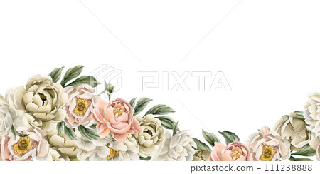 White beige peach fuzz peony flowers, buds and green leaves. Horizontal seamless hand painted floral watercolor illustration isolated on white background for design, banner, border, poster, card, pack 111238888