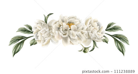 Horizontal composition of white peony flowers, buds and green leaves. Floral watercolor illustration hand painted isolated on white background. Perfect for wedding invitations, greeting cards, wallpap Horizontal composition of white peony flowers, buds and green leaves. Floral watercolor illustration hand painted isolated on white background. Perfect for wedding invitations, greeting cards, wallpap 111238889