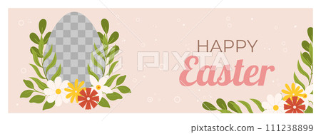 Easter horizontal banner template. Design for celebration spring holiday with transparent frame for photo and flowers around Easter horizontal banner template. Design for celebration spring holiday with transparent frame for photo and flowers around 111238899