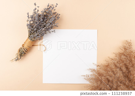 Mocup on a beige background. Beautiful plants, empty white space for text. Advertising is a design post. flat lay dried lavender bouquet. 111238937