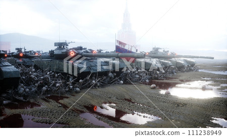 Russian military tanks and skulls. Anti war concept. 3d rendering. Russian military tanks and skulls. Anti war concept. 3d rendering. 111238949