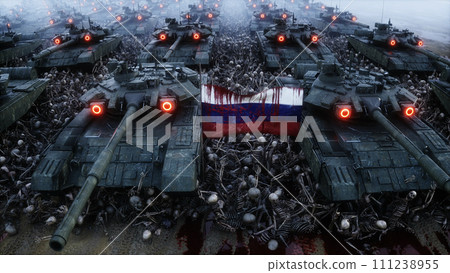 Russian military tanks and skulls. Anti war concept. 3d rendering. Russian military tanks and skulls. Anti war concept. 3d rendering. 111238955