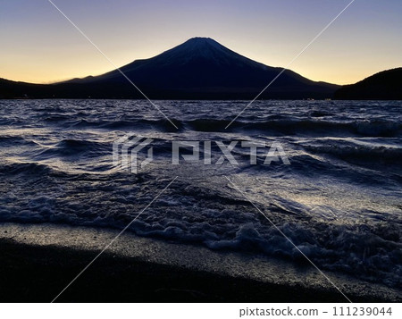 Strong wind winter day magic hour Mt. Fuji and Lake Yamanaka 3 111239044