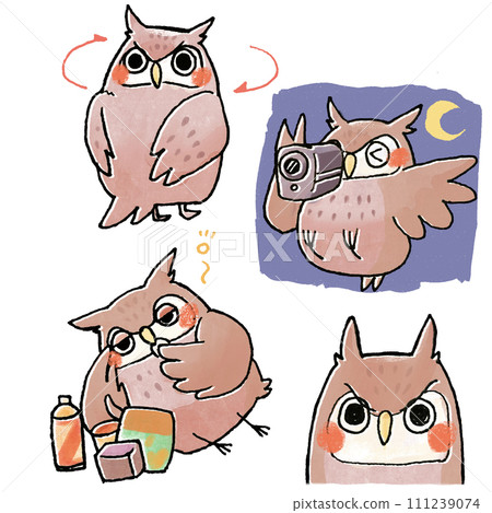 可愛的貓頭鷹插圖拿著相機並轉過頭 111239074