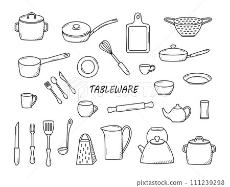 Kitchen tools and tableware doodle icon. Vector illustration set of elements cook. Kitchen tools and tableware doodle icon. Vector illustration set of elements cook. 111239298