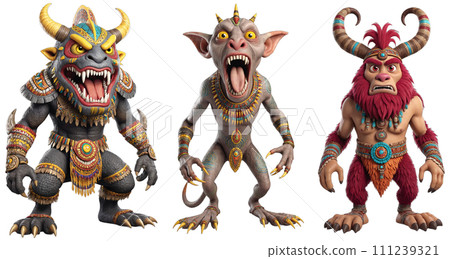 Angry monster with horns and claws 111239321