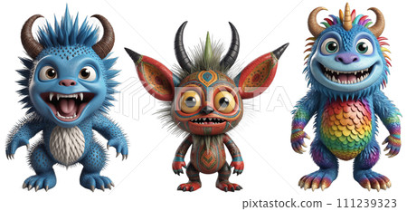 Three fluffy monsters with big smiles and horns 111239323