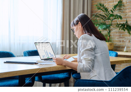 Mature business woman working at desk with laptop papers in home office Mature business woman working at desk with laptop papers in home office 111239554