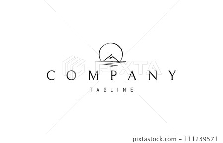 A vector logo with an abstract image of a mountain on the shore against the backdrop of the sun. 111239571