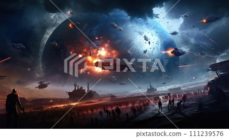 AI-generated content. star fighters battle at open space, spacecraft combat at cosmos, futuristic science fiction 111239576