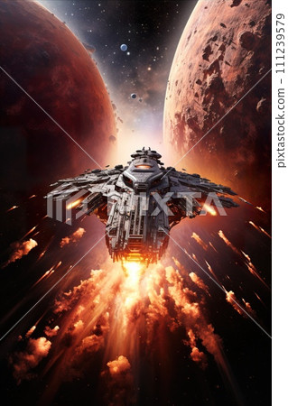 AI-generated content. star fighters battle at open space, spacecraft combat at cosmos, futuristic science fiction 111239579