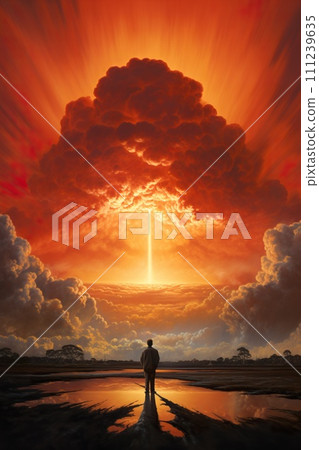 AI-generated content. people looking at mushroom of nuclear explosion, atomic war and apocalypse concept, world in flame 111239635