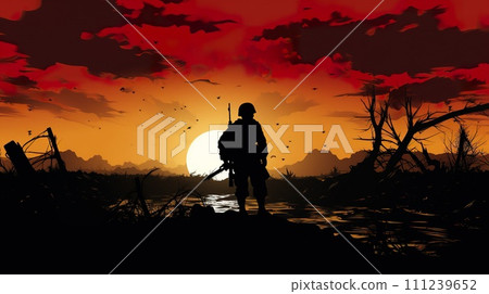 AI-generated content. silhouette of soldier standing on devastated land after battle, military infantry warrior on battlefield on ruined city background, conflict zone concept 111239652