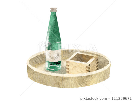 水彩風格托盤上的清酒瓶和清酒杯插圖 111239671