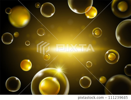 Transparent soap bubbles or golden serum molecule on glowing background. vector illustration file. 111239685