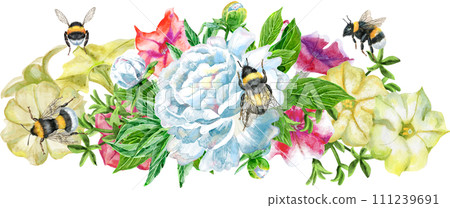 Elegant bouquet with petunia and peony flowers, design element. Floral composition can be used for wedding, baby shower, mothers day, valentines day cards, invitations. in watercolor style Elegant bouquet with petunia and peony flowers, design element. Floral composition can be used for wedding, baby shower, mothers day, valentines day cards, invitations. in watercolor style 111239691