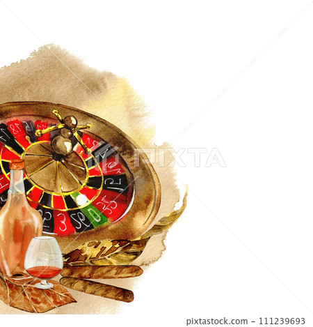 cigars and alcohol with tobacco leaves, coffee beans, roulette, casino, drawn in watercolors 111239693