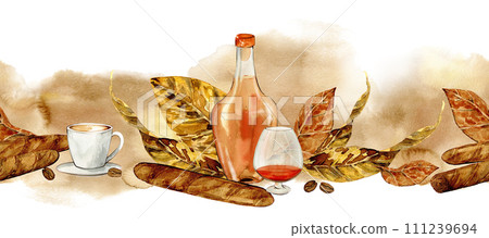 cigars and alcohol with tobacco leaves, coffee beans, roulette, casino drawn in watercolor, seamless border cigars and alcohol with tobacco leaves, coffee beans, roulette, casino drawn in watercolor, seamless border 111239694