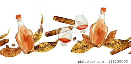 cigars and alcohol with tobacco leaves, coffee beans, roulette, casino drawn in watercolor, seamless border 111239695