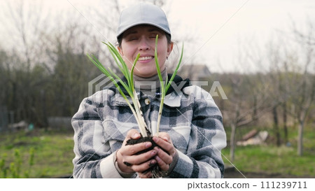 farmer woman holding soil with sprout field hand, business farmer work farm, agriculture concept, holding young fresh green sprouts hands, happy face farmer woman, agriculture concept, gardening farmer woman holding soil with sprout field hand, business farmer work farm, agriculture concept, holding young fresh green sprouts hands, happy face farmer woman, agriculture concept, gardening 111239711