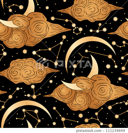 Moon Cloud Dark Starry Night Golden Magic Constellation Astronomy Astrology Seamless Pattern 111239849