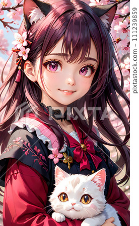 A beautiful girl with cat ears and a small white cat are invited by the spring breeze. A beautiful girl with cat ears and a small white cat are invited by the spring breeze. 111239859