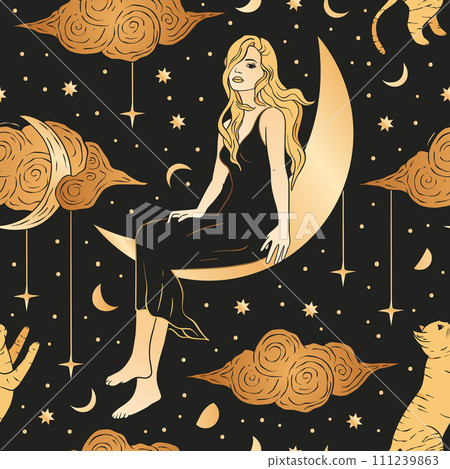 Beautiful Woman With Sitting On a Moon Magic Celestial Golden Seamless Astrology Pattern Background. 111239863