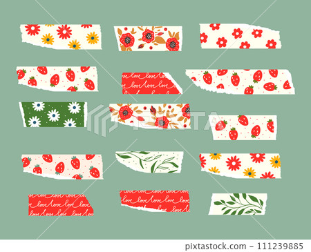Cute Tape Strip Washi Ripped Paper Collection. Scrapbook Floral Kids Element 111239885