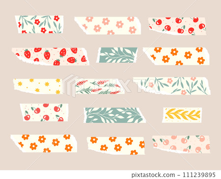 Cute Tape Strip Washi Ripped Paper Collection. Scrapbook Floral Kids Element 111239895